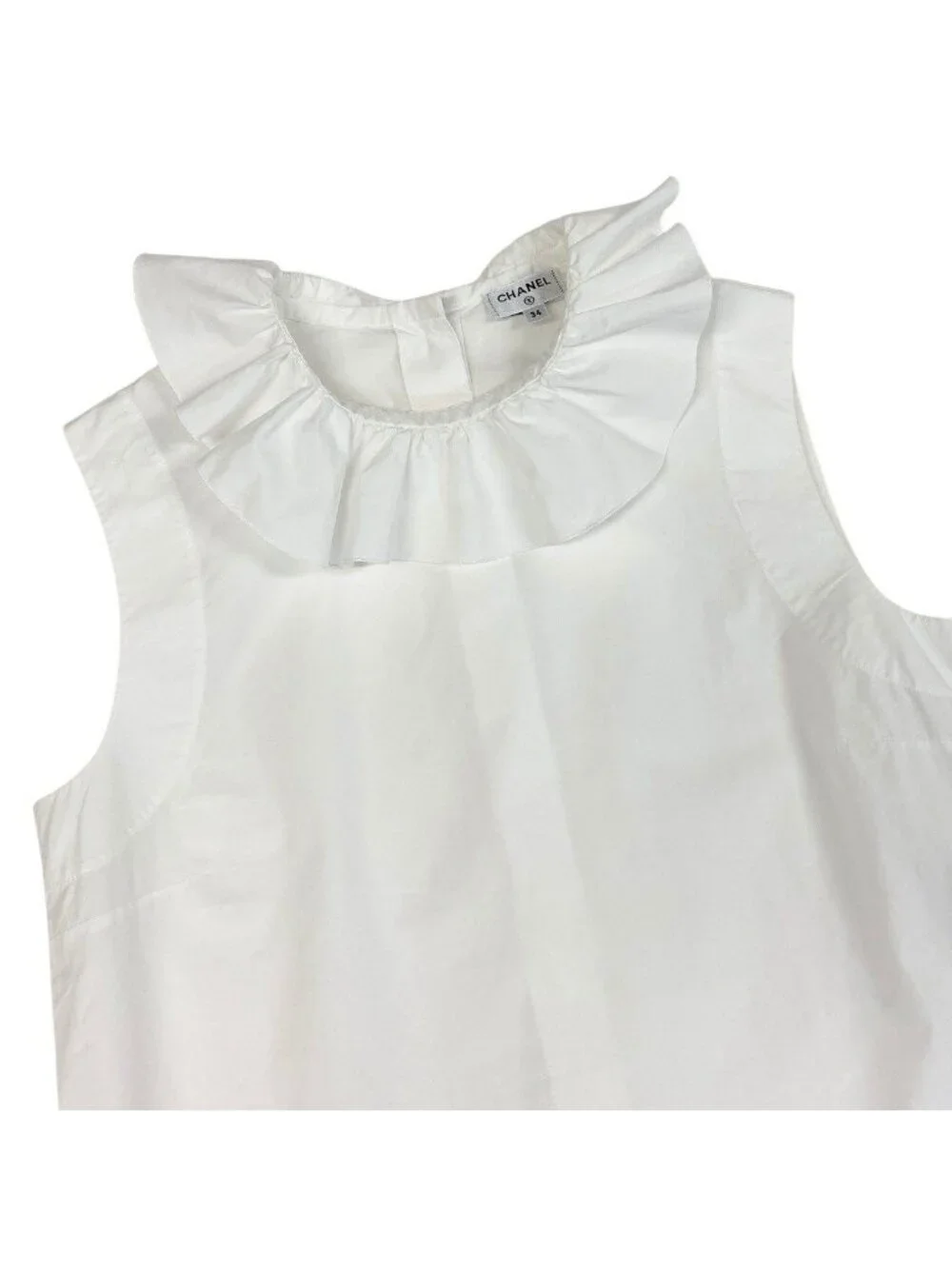Chanel Frill Neck Sleeveless Shirt Back Button 34 White Cotton